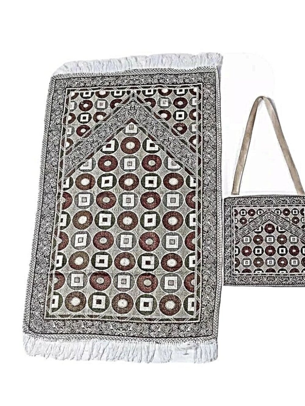 Brown & Green Checked Muslim Travel Mat with Bag Prayer Rug